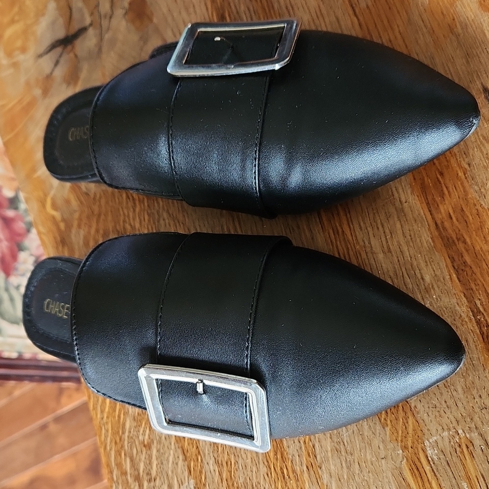 Chase + Chloe Black Pointed Buckle Mules